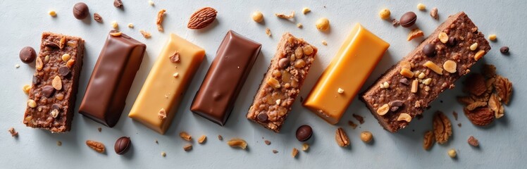 Top-down view protein energy bars on grey background. Diverse assortment chocolate, caramel, muesli bars with nuts. Healthy nutrition, gym snacks, weight loss diet, sports nutrition, body building.