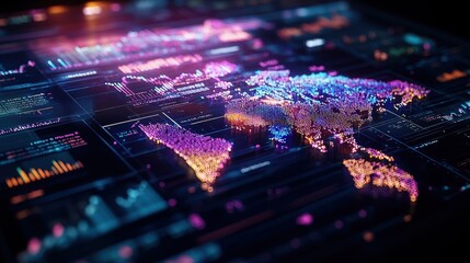 Stylized Digital World Map with Glowing Particles Overlaying Complex Data Visualizations and Graphs for Innovative Tech and Global Insights Perspective