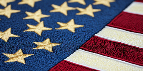 Close up of detailed embroidery of stars and stripes Generative AI