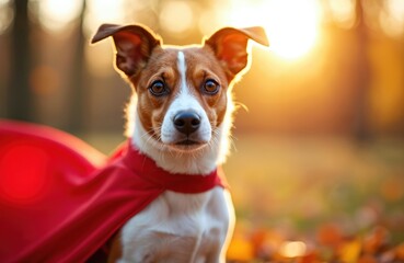 Jack Russell Terrier dressed superhero costume. Red cape in sunlight. Brave dog ready to defend. Adorable pet, comic character. Sunshine, outdoor portrait. Happy animal, family companion. Cute,