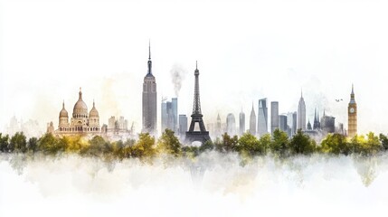 Obraz premium Cityscape Watercolor Painting Of Iconic Landmarks