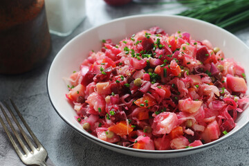 A bowl with Vinegret salad, a typical Russian dish	