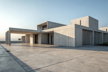 Serene coastal concrete villa basking in the golden hour sunlight, offering minimalist elegance and breathtaking ocean views.