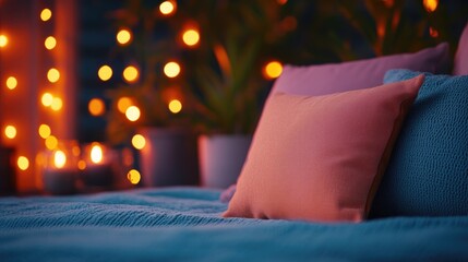 Cozy bedroom scene with soft pillows, warm lighting, and serene