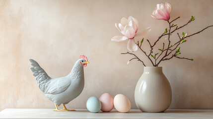 Decorative arrangement featuring a chicken and pastel eggs alongside floral branches in a serene indoor setting