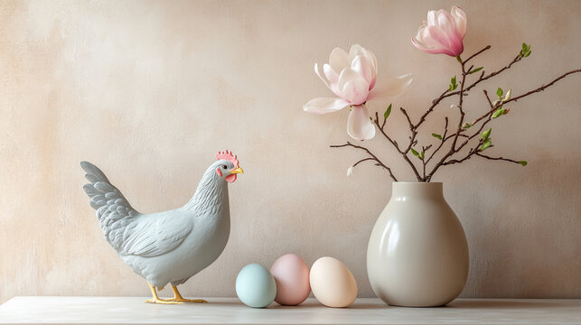 Decorative arrangement featuring a chicken and pastel eggs alongside floral branches in a serene indoor setting