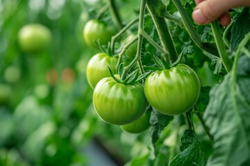 Fototapeta premium Farmer inspecting unripe green tomatoes growing on the vine in a greenhouse, showcasing sustainable agriculture and local food production