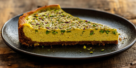 Pistachio cheesecake slice on a black plate Generative AI