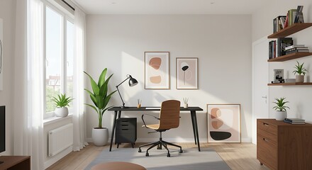 Fototapeta premium Minimalist Home Office with Warm Wood Elements and Plant Accents Interior Design