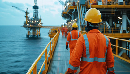 Offshore Oil Rig Workers Walking Platform Dusk