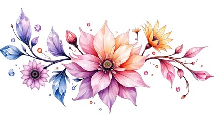 Obraz premium a vibrant and artistic floral arrangement with a mix of stylized flowers in shades of pink, purple, and yellow, complemented by blue and purple crystal-like leaves and scattered gems.