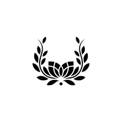 Fototapeta premium Black Lotus Flower & Laurel Wreath Logo on White, Minimalist Design