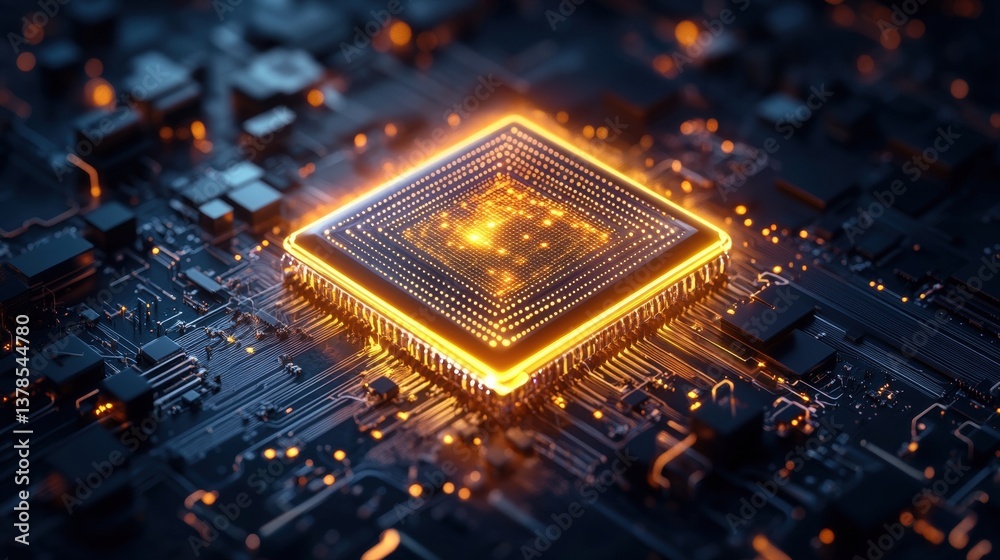 Poster close-up of a glowing central processing unit cpu chip on a dark circuit board showcasing intricate 