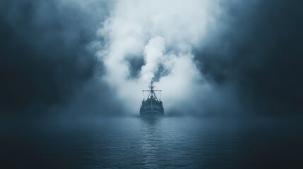Fototapeta premium Mysterious sailing ship navigates through early morning fog over calm waters at dawn