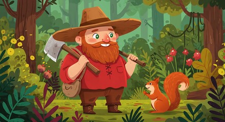 Cheerful Cartoon Lumberjack with Axe in Vibrant Forest Environment