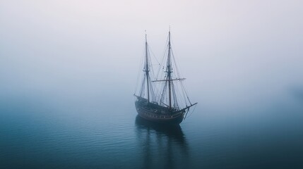 Obraz premium Mysterious sailing ship navigates through early morning fog over calm waters at dawn