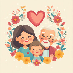Happy Family Portrait Grandparents, Daughter, and Grandchild with Floral Frame