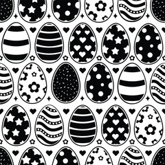 Happy Easter Vector Seamless Pattern. Decorative Easter Eggs Creative Repeatable Texture Design. Decorated and painted eggs texture. Repeatable Endless Flat Style Design in Silhouette Black Color.