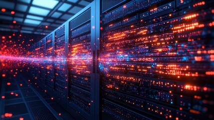 A futuristic server room featu rows of sleek data servers, illuminated by vibrant orange and blue data streams flowing through the high-tech network