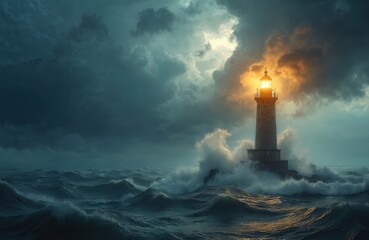 Lighthouse with bright light against stormy ocean, sky. Guidance in marine navigation, safety concept. Beacon provides light in dark for ship, boat, vessel navigation. Stormy weather with big waves.