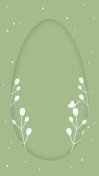 3d effect abstract paper cut illustration of colored green paper with easter egg, plant elements and butterfly with space for text. Looped vertical animation