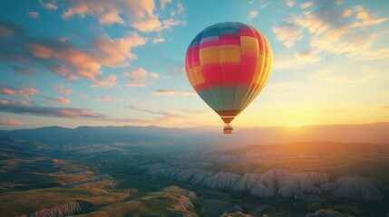 Fototapeta premium Vibrant Hot Air Balloon Adventure at Sunrise: Aerial Scenic View Above Colorful Mountain Ranges