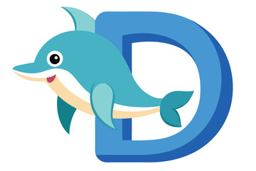 Fototapeta premium Cute Cartoon Dolphin Character with Blue Letter D on a White Background