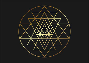 Sri yantra golden mystical symbol of sacred geometry, alchemy Sign of Hinduism, vector isolated on black background