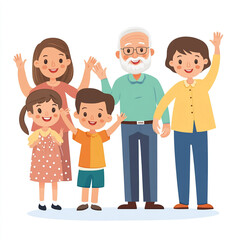 Happy Multigenerational Family Illustration Cartoon Grandparents, Parents, and Children