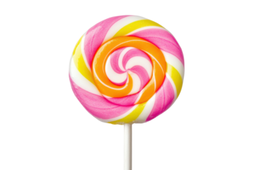 Colorful swirled lollipop with pink, yellow, and orange concentric patterns, cut out