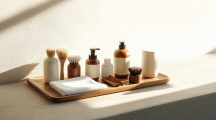 Elegant arrangement of skincare products on wooden tray, soft li