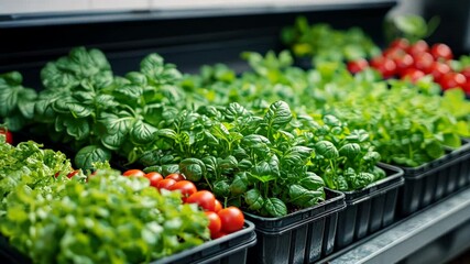 Freshly grown, vibrant greens and tomatoes in organized containers