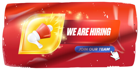 We Are Hiring Vector: Megaphone Announcing Job Opportunity, "Join Our Team" Button and Hand Pointer on Dynamic Background, Modern Recruitment Design for Companies
