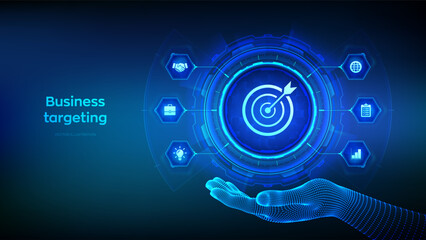 Business targetting icon in wireframe hand. Planning development leadership. Customer Relation Management and customer target group technology concept on virutal screen. Vector illustration.