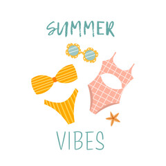 Summer vibe card. Summer swimsuits and sunglasses on white background. Summer design elements for poster, banner, badge, label, print, travel. Cute poster
