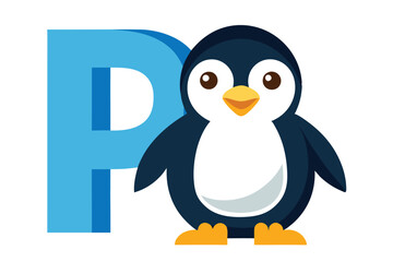 Obraz premium Cute Penguin with Blue Letter P on White Background. Children
