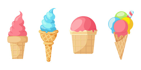 Assorted ice cream. Delicious summer ice cream in waffle cup and cone. Sweet summer food. Colored cartoon icons ice cream on white background. Perfect for invitations, leaflets, menus, sale, flyers