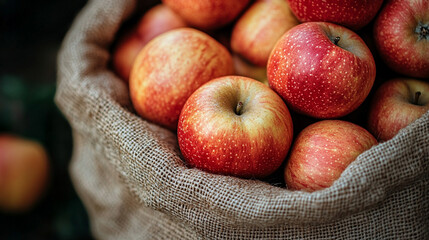 A bag filled with fresh apples sits atop a linen cloth, viewed from above, symbolizing abundance, health, and nature in a modern fruit advertising setup