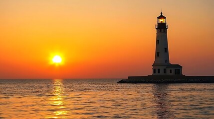 Lighthouse at Sunset on Lake Erie, Pennsylvania, USA - Coastal Scenery and Nautical Beacon