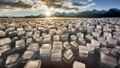 Bright ice cubes wallpaper, top view, nature concept; environmental protection.