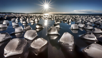 Bright ice cubes wallpaper, top view, nature concept; environmental protection.