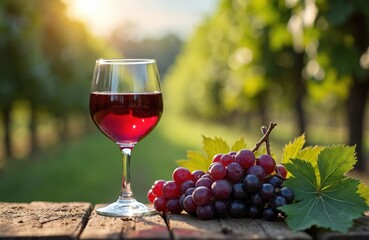 Red wine glass, grapes on wooden table in vineyard. Autumn harvest theme, wine tasting concept. Healthy eating, organic farm products. Gourmet restaurant menu, bar promotion or advertisement.