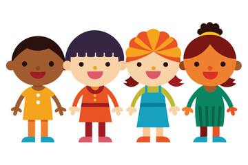 Diverse Cartoon Kids Standing Together with Joyful Expressions on a White Background