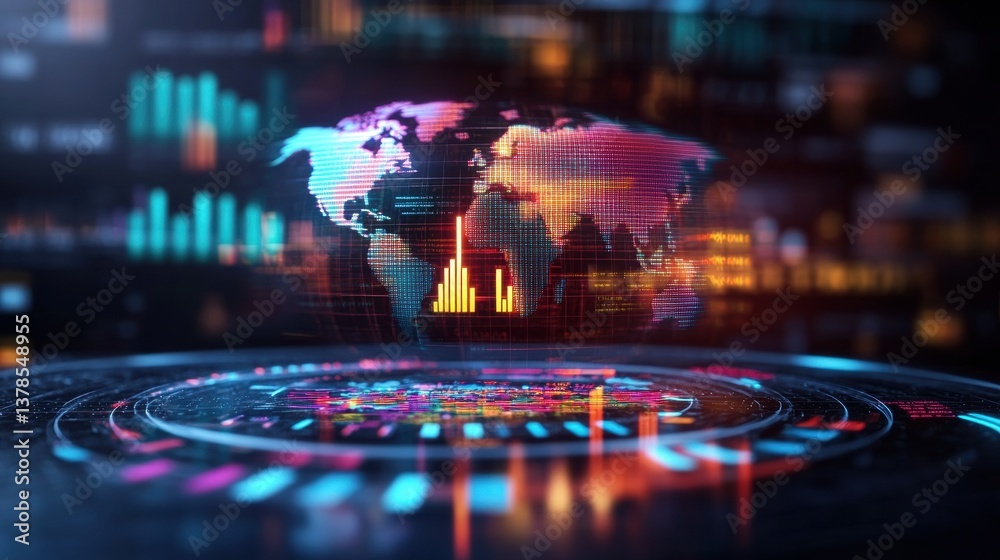 Poster a futuristic digital globe hove over a technological interface showcasing colorful data visualizatio