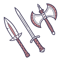 Game sword icon set vector, vector cartoon medieval weapon kit, fantasy knight knife isolated collection. UI magic old defense armor badge, Viking military axe metal battle blade. Cartoon sword asset 