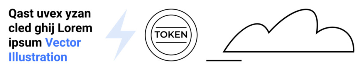 Circular token with TOKEN text, lightning bolt, and minimal cloud design. Ideal for technology, cryptocurrency, cloud computing, innovation, branding, blockchain simple landing page