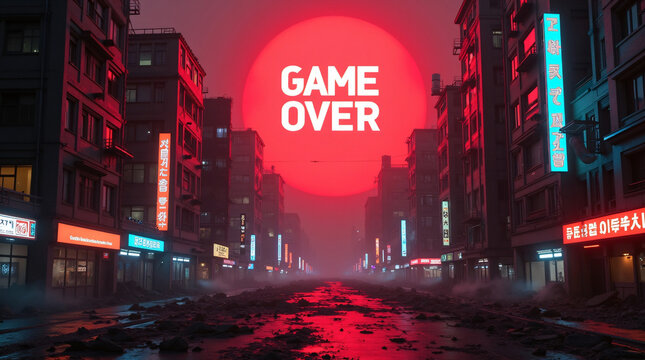 A neon-lit city street with a glowing "Game Over" sign in a cyberpunk setting.