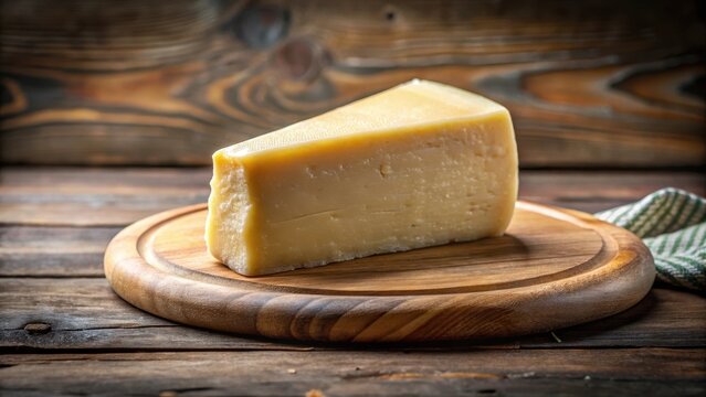 A wedge of creamy cheese with a perfectly cut edge, showcasing its smooth texture and golden color, on a rustic wooden cutting board, food photography, white