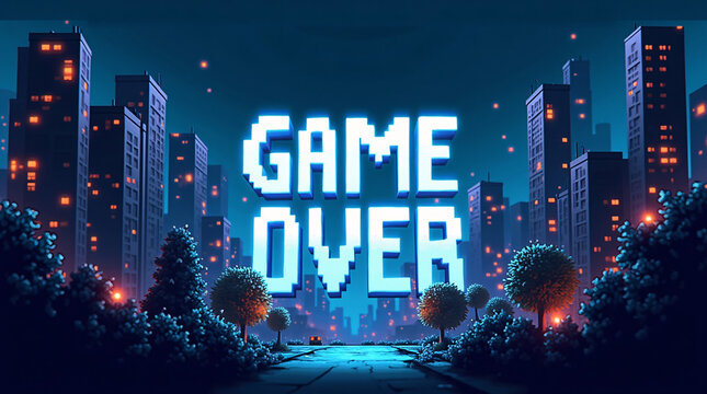 Bright "Game Over" text with a city skyline and stars at night. - Powered by Adobe