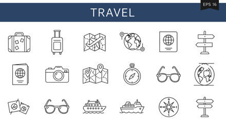 Travel icons: suitcases, maps, passport, globe, compass, glasses, and more.